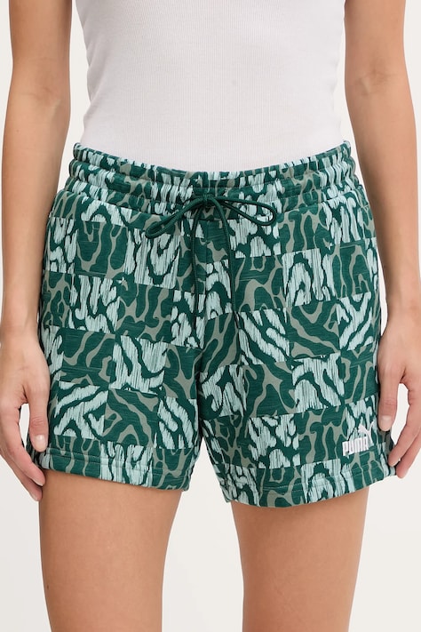 Puma pantaloni scurți culoarea verde, cu imprimeu, medium waist, 685073
