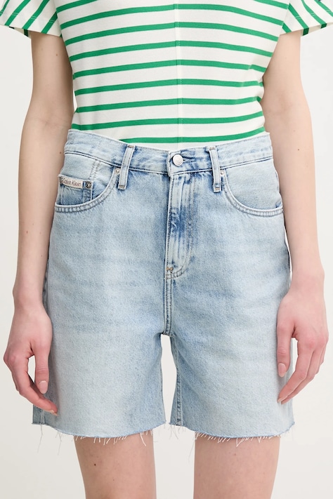 Calvin Klein Jeans szorty jeansowe damskie kolor niebieski gładkie high waist J20J225155