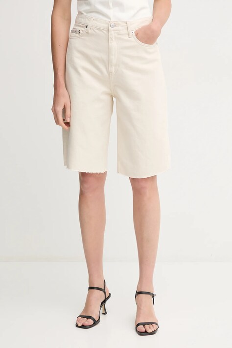 Calvin Klein Jeans pantaloni scurți din amestec de in femei, culoarea bej, uni, high waist, J20J225163