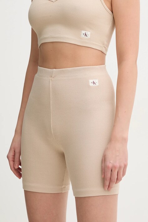 Calvin Klein Jeans pantaloni scurti femei, culoarea bej, neted, high waist, J20J225217