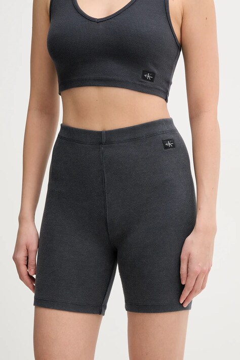 Calvin Klein Jeans pantaloni scurti femei, culoarea gri, neted, high waist, J20J225217