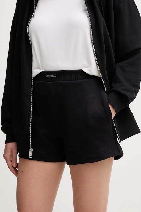 Calvin Klein Jeans pantaloni scurți din bumbac femei, culoarea negru, neted, high waist, J20J225525