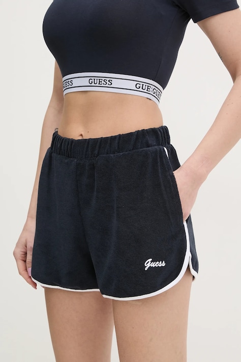 Šortky Guess ASTER dámske, tmavomodrá farba, s nášivkou, vysoký pás, V5GD01 KCQV1