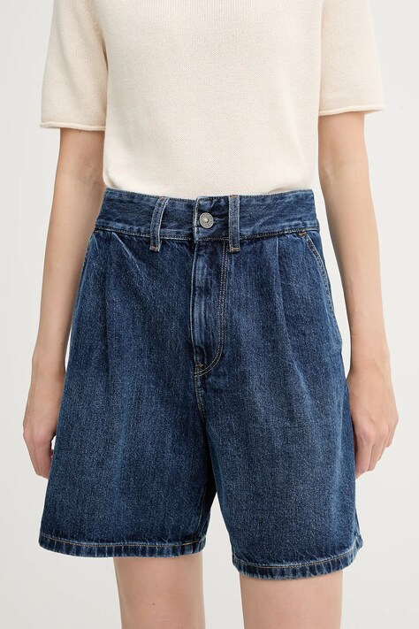 G-Star pantaloni scurți jeans culoarea bleumarin, uni, high waist, D25985-D788