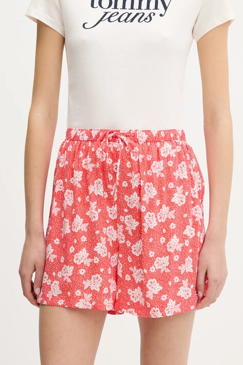 Tommy Jeans pantaloni scurți culoarea portocaliu, cu imprimeu, high waist, DW0DW20359