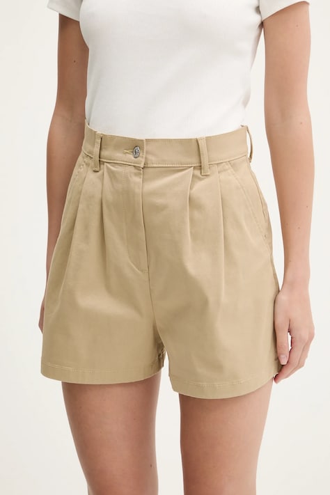 Tommy Jeans pantaloni scurți culoarea bej, uni, high waist, DW0DW21643