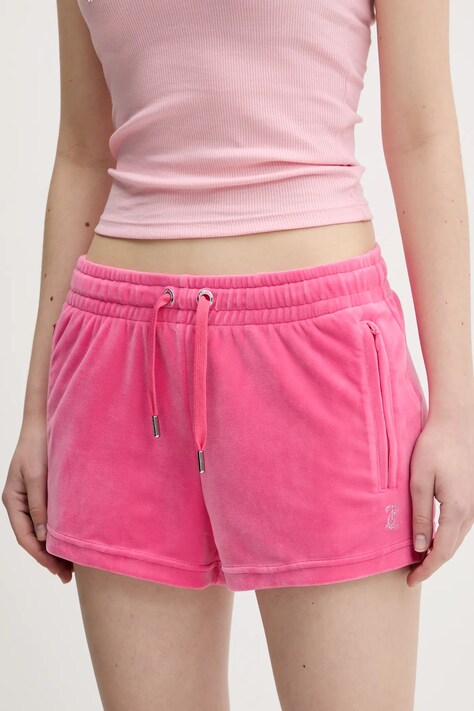 Zamatové šortky Juicy Couture TAMIA dámske, ružová farba, s nášivkou, stredne vysoký pás, JCWH121001
