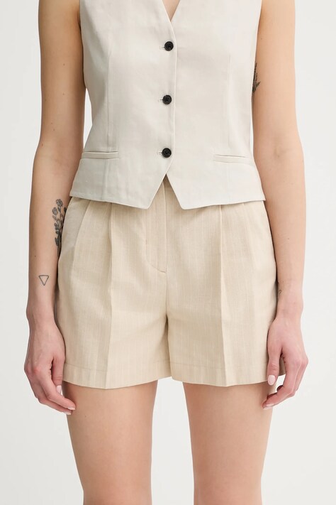 PS Paul Smith pantaloni scurți din amestec de in culoarea bej, cu imprimeu, high waist, W2R.317T.P31282