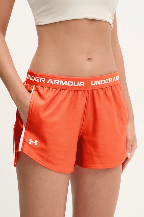 Tréningové šortky Under Armour Tech Play oranžová farba, s nášivkou, stredne vysoký pás, 1389882