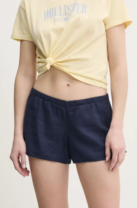 Lněné kraťasy Hollister Co. dámské, tmavomodrá barva, hladké, high waist, KI349-5077