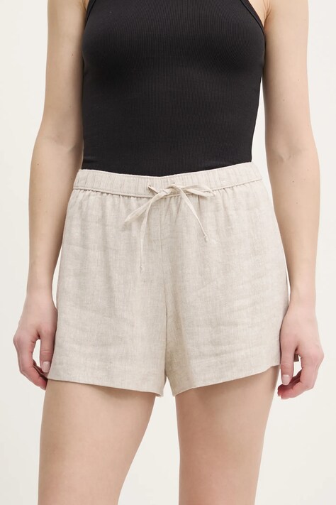 Abercrombie & Fitch pantaloni scurti din in femei, culoarea bej, neted, high waist, KI149-5190