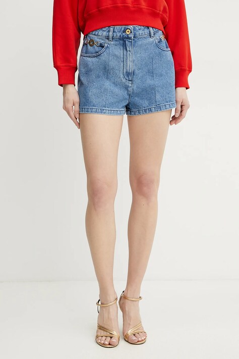 Bavlněné riflové kraťasy Patou dámské, modrá barva, hladké, high waist, TR0350216