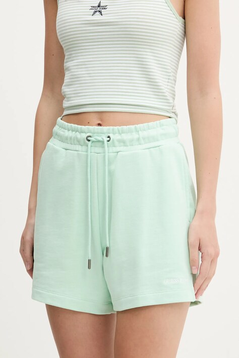 Bavlněné šortky Guess Jeans dámské, zelená barva, hladké, high waist, W5GD0O K68I4
