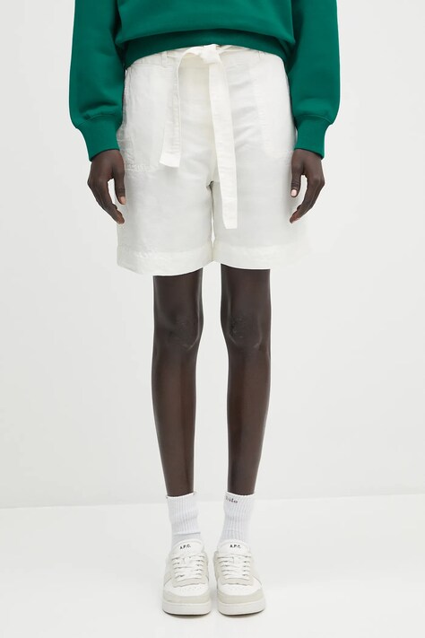 Lněné kraťasy Napapijri N-Nice dámské, bílá barva, high waist, NP0A4IEX2061