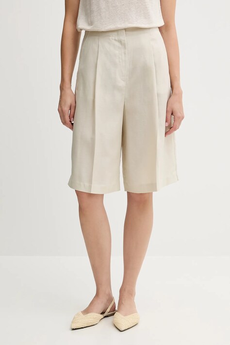 Šortky s příměsí lnu United Colors of Benetton dámské, béžová barva, high waist, 45BVD9026