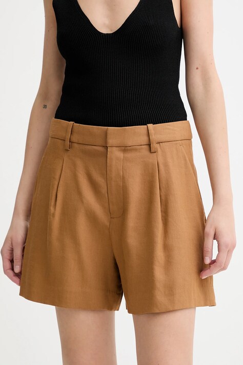 A.L.C. pantaloni scurți din in Charles culoarea maro, uni, medium waist, 2PANT01158