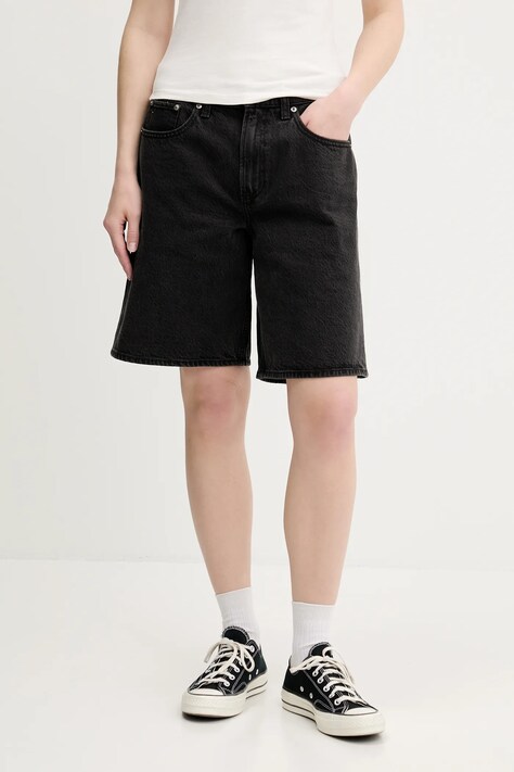Abercrombie & Fitch pantaloni scurți jeans culoarea negru, uni, high waist, KI149-5120