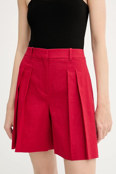Theory pantaloni scurți din in femei, culoarea rosu, uni, high waist, P0303208