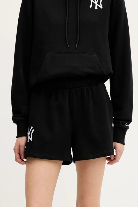 New Era pantaloni scurți culoarea negru, cu imprimeu, high waist, 60564909