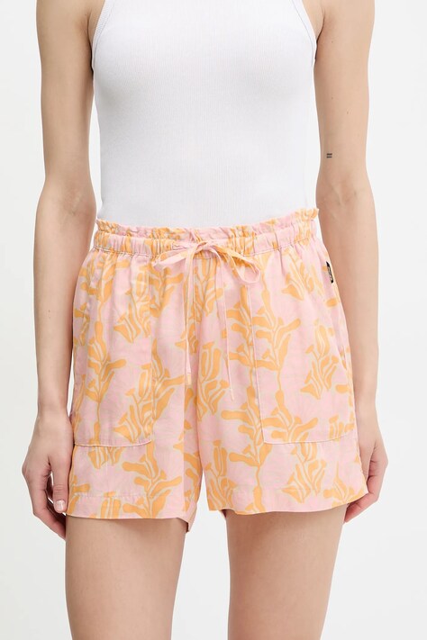 Picture pantaloni scurți Milou culoarea portocaliu, cu imprimeu, high waist, WSH0108