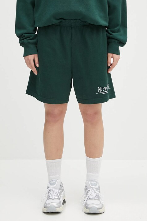 Памучен къс панталон Sporty & Rich Ny 94 Gym Short в зелено с принт с висока талия SH039606034WH01