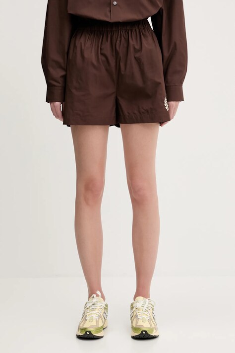 Памучен къс панталон Sporty & Rich H&W Crest Poplin в кафяво с апликация с висока талия SH012612241BR03