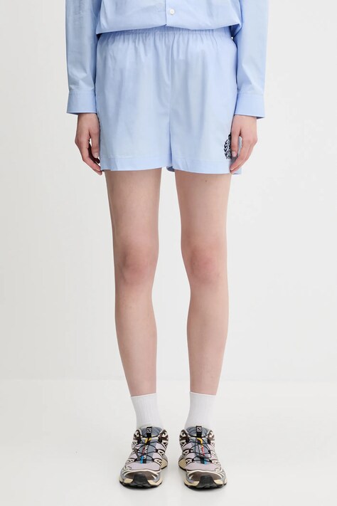 Памучен къс панталон Sporty & Rich H&W Crest Poplin в синьо с апликация с висока талия SH012612302BL59