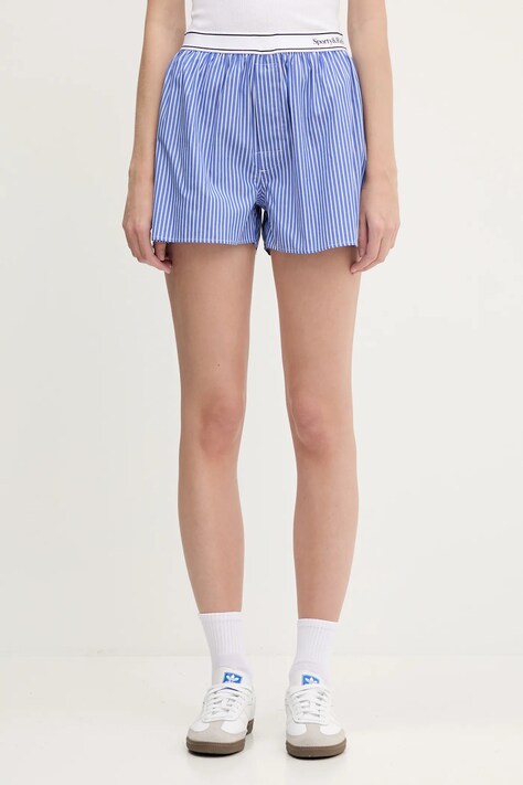 Памучен къс панталон Sporty & Rich Serif Logo в синьо с десен с висока талия SH015612300ST02