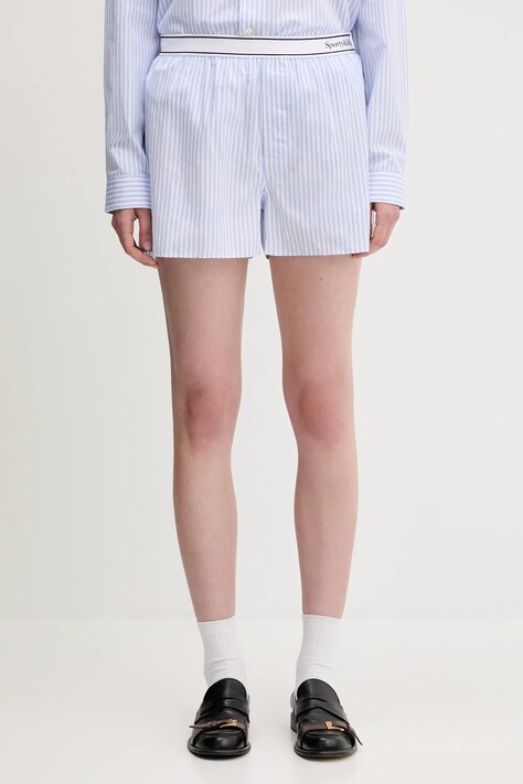 Памучен къс панталон Sporty & Rich Serif Logo в синьо с десен с висока талия SH015612300ST08