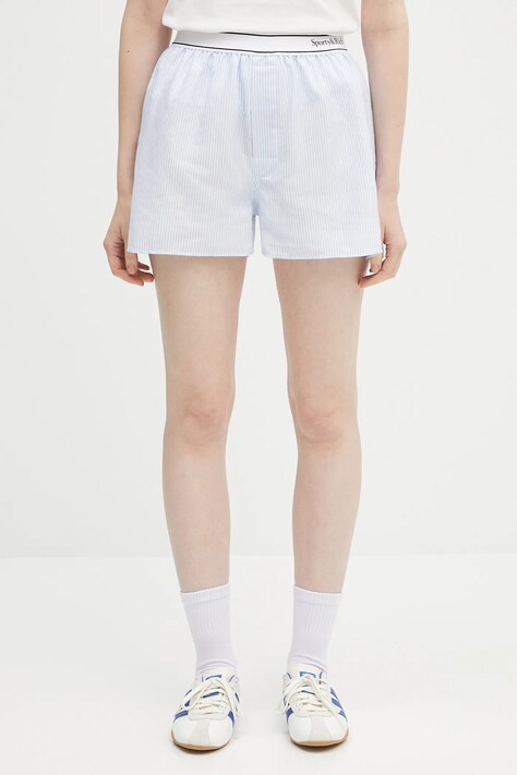 Памучен къс панталон Sporty & Rich Serif Logo Oxford в синьо с десен с висока талия SH015620300ST03