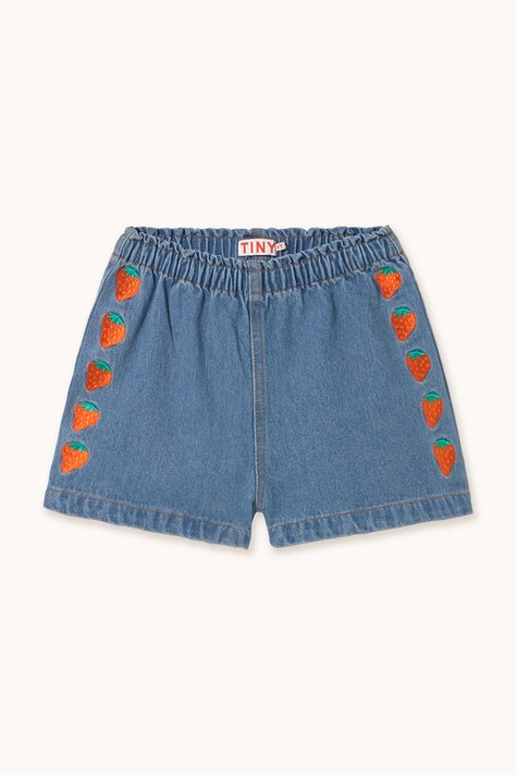 Детски памучен къс панталон Tinycottons STRAWBERRIES WOVEN SHORT в синьо с апликация SS25-249