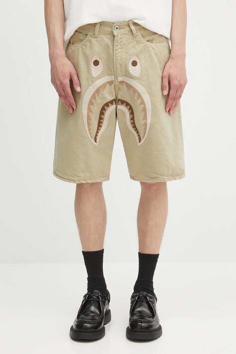 Bavlněné šortky A Bathing Ape Shark garment dye pánské, béžová barva, 1L30151001