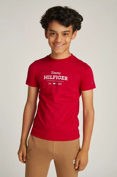 Tommy Hilfiger t-shirt bawełniany dziecięcy kolor czerwony z nadrukiem KB0KB09356