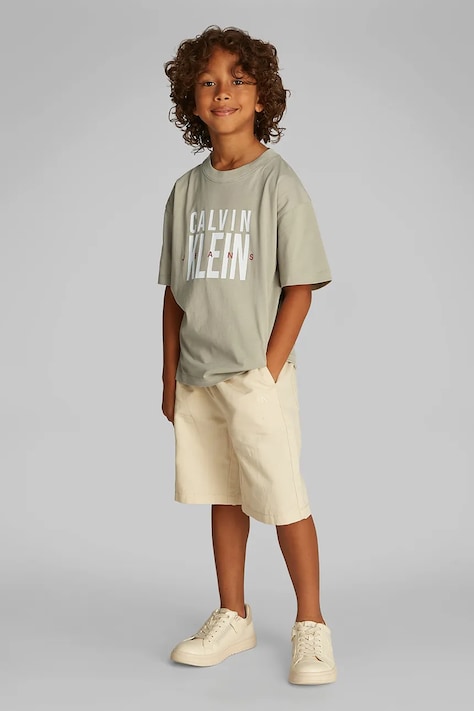 Dětské bavlněné tričko Calvin Klein Jeans zelená barva, s potiskem, IB0IB02448