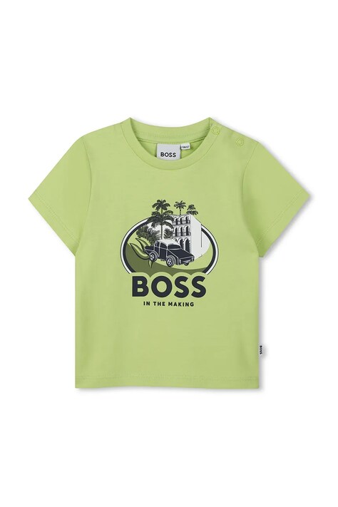 Detské bavlnené tričko BOSS zelená farba, s potlačou, J52110