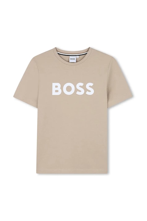 Dětské bavlněné tričko BOSS béžová barva, s potiskem, J52030