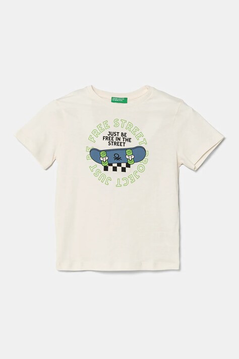 Detské bavlnené tričko United Colors of Benetton béžová farba, s potlačou, 3I1XG10IJ