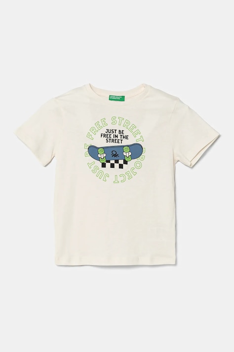 Detské bavlnené tričko United Colors of Benetton béžová farba, s potlačou, 3I1XG10IJ