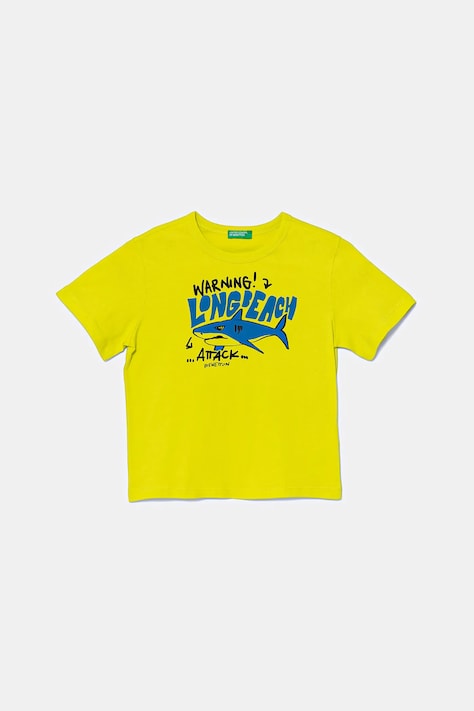 Detské bavlnené tričko United Colors of Benetton zelená farba, s potlačou, 3JERG10JQ