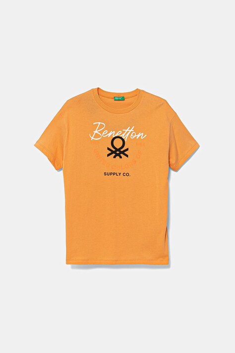 United Colors of Benetton tricou de bumbac pentru copii culoarea portocaliu, cu imprimeu, 3I1XC10OO