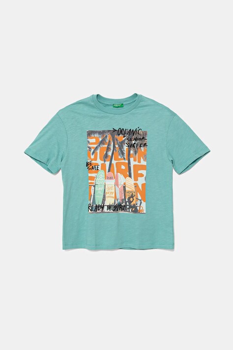 United Colors of Benetton t-shirt bawełniany dziecięcy kolor turkusowy z nadrukiem 3SLUC10P8