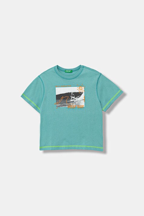 Dětské bavlněné tričko United Colors of Benetton tyrkysová barva, s potiskem, 3I1XG10JG