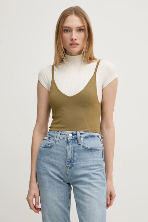 Calvin Klein Jeans top femei, culoarea verde, J20J224805