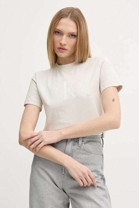 Calvin Klein Jeans tricou din bumbac femei, culoarea bej, J20J224983