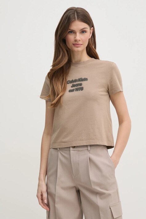 Calvin Klein Jeans tricou din bumbac femei, culoarea bej, J20J224988
