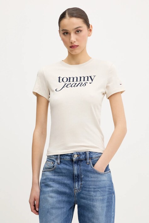 Tommy Jeans tricou din bumbac femei, culoarea bej, DW0DW19447