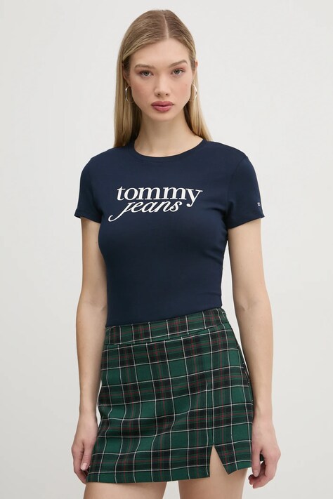 Bavlnené tričko Tommy Jeans dámske, tmavomodrá farba, DW0DW19447