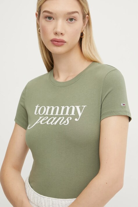 Tommy Jeans tricou din bumbac femei, culoarea verde, DW0DW19447