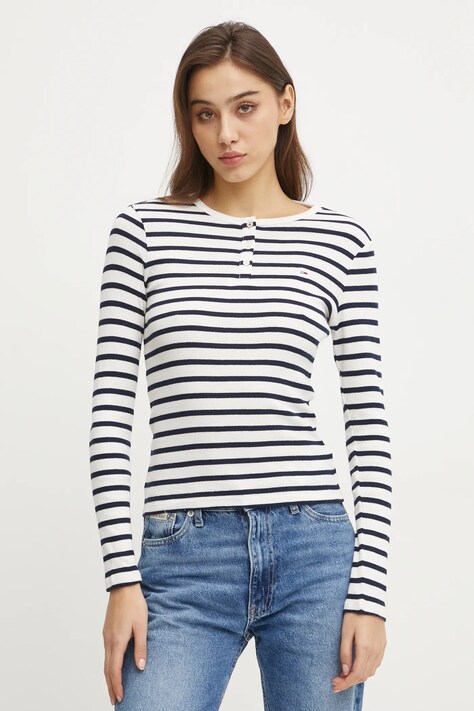Bavlněné tričko s dlouhým rukávem Tommy Jeans tmavomodrá barva, DW0DW19501