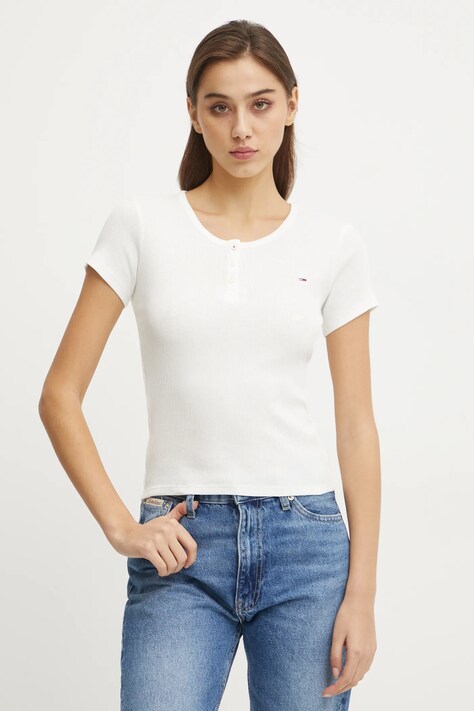 Хлопковая футболка Tommy Jeans женская цвет белый DW0DW19502